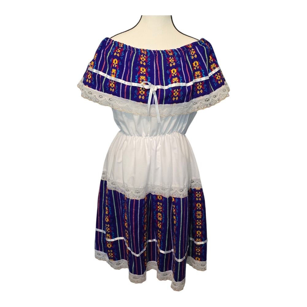 Oktoberfest Dirndl Style Dress Size XXS White Blue Off Shoulder Alpine Bavarian
